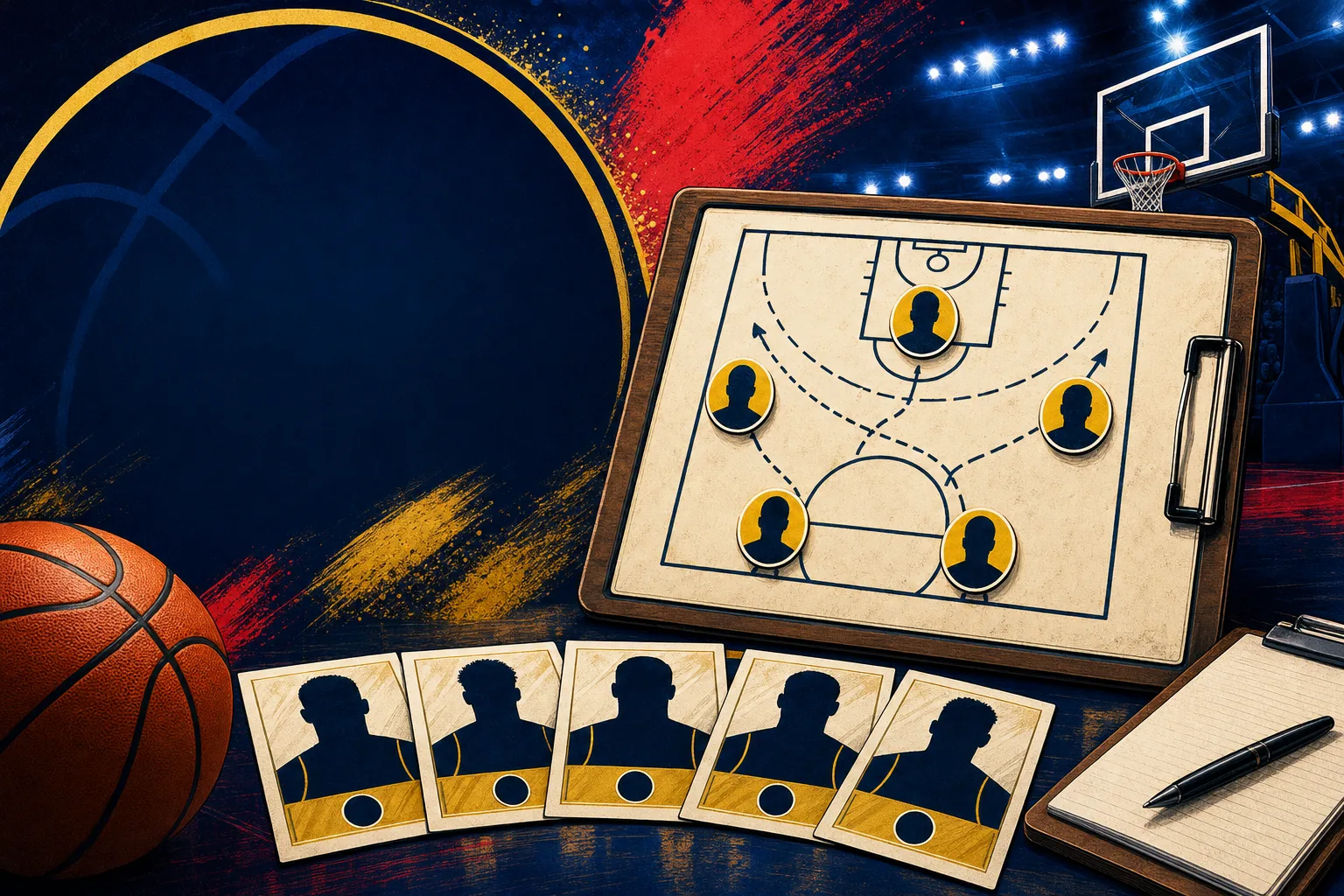Basketball franchise simulation showing roster fit, player roles, and team building.