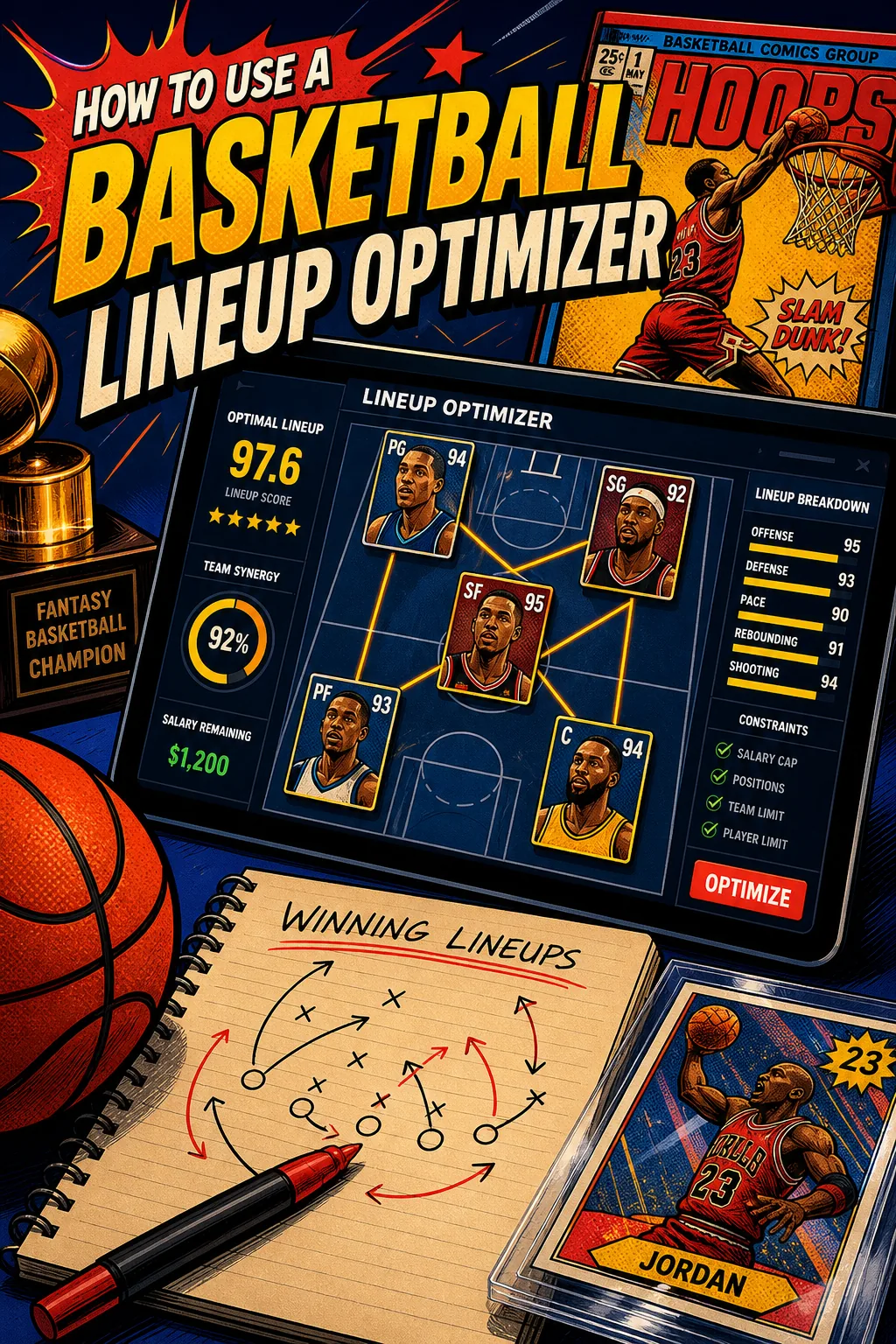 Basketball lineup optimizer title card showing a lineup board in a United States gym.