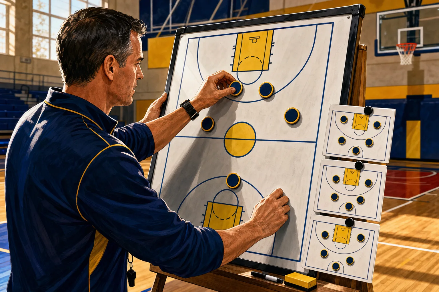 Coach arranging basketball lineup options on a board in a United States gym.